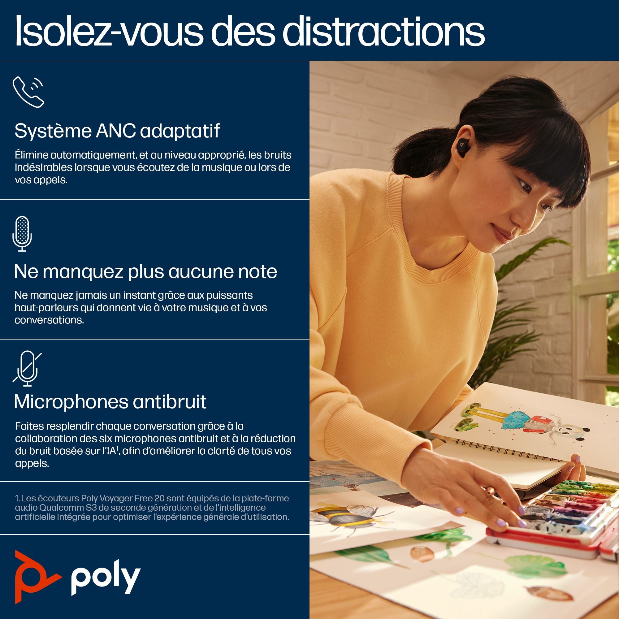 Poly Voyager Free 20 Oreillettes BlueTooth noires + étui de chargement Qi