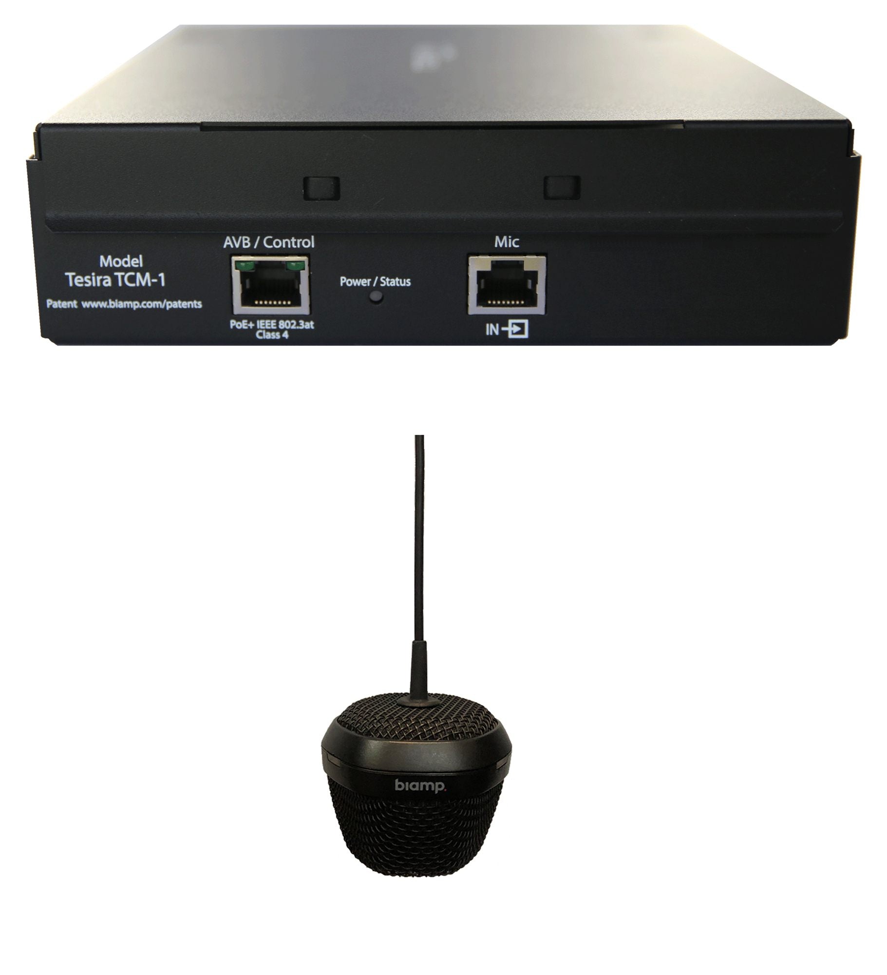 Biamp AVB ceiling microphone comprised of a pendant microphone Black