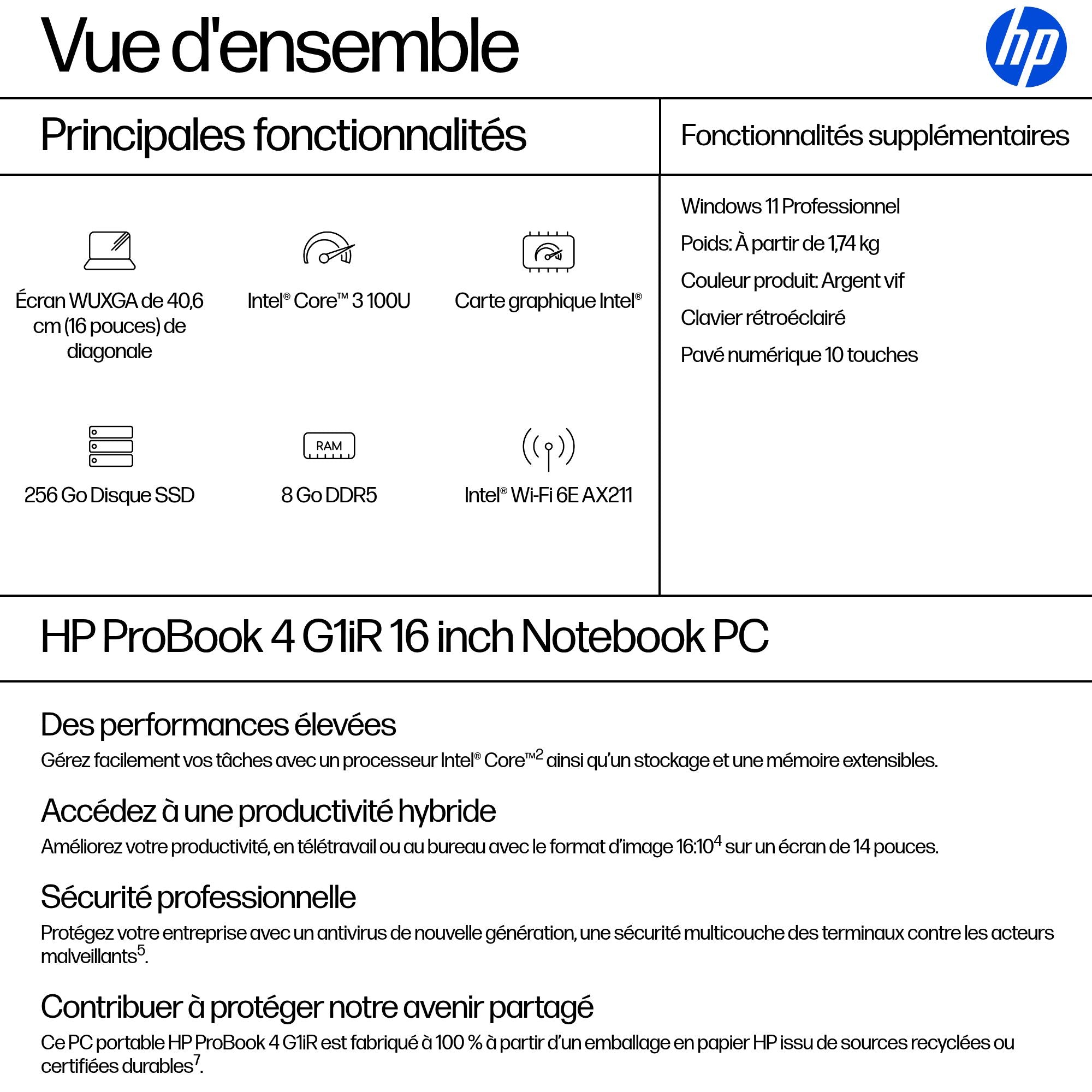 HP ProBook 4 G1iR Intel Core 3 100U 16p WUXGA 8Go 256Go SSD UMA W11P 1/1/0