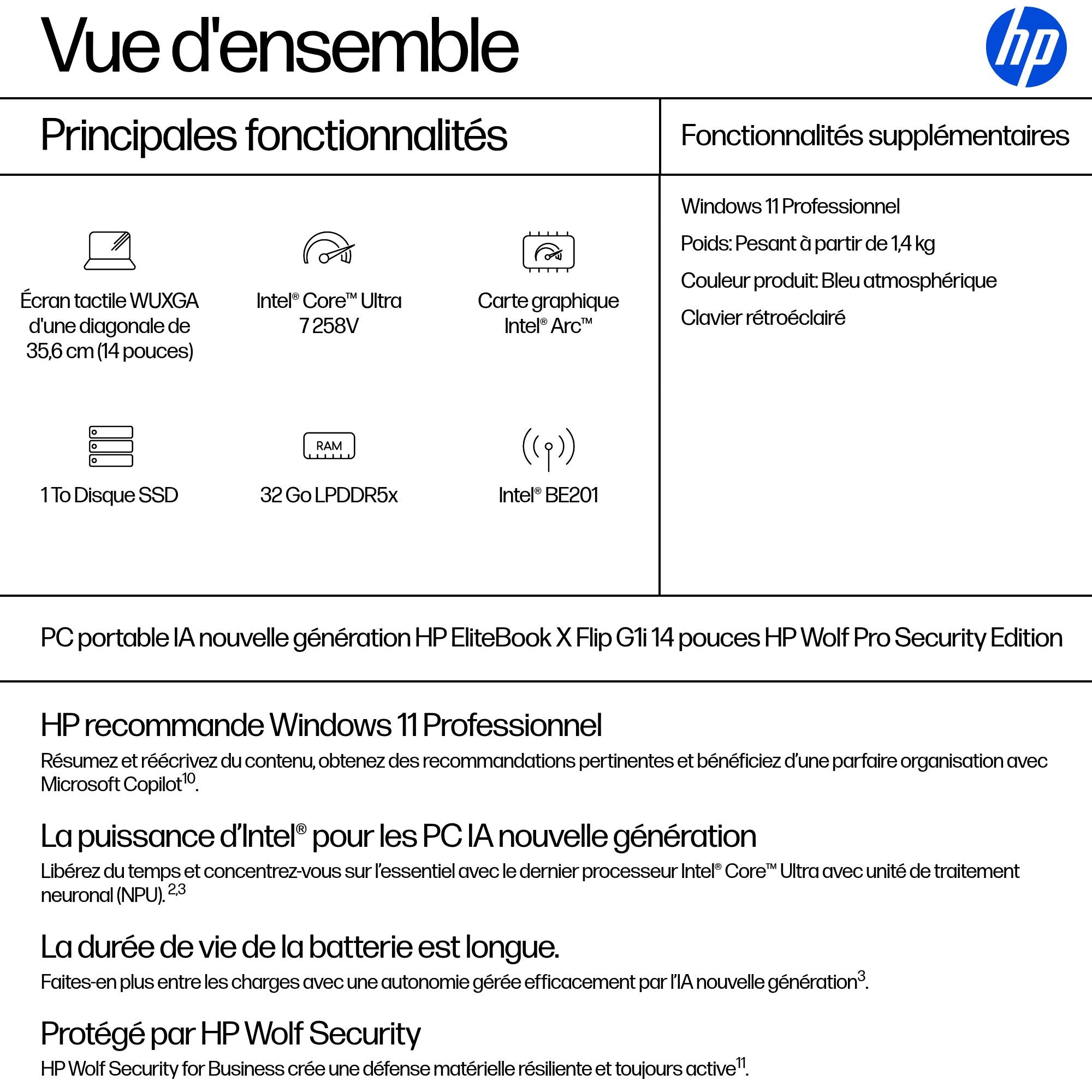 HP EliteBook X Flip Intel Core Ultra 7 258V 14p WUXGA 32Go 1To SSD UMA W11P 3/3/0 ordinateur tactile