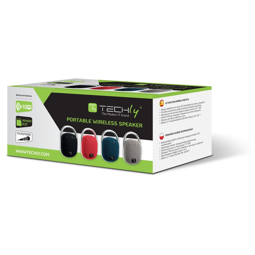Techly ICASBL321GR Haut-parleur Bluetooth 5.3, 5W, TWS, LED, USB MicroSD MP3, gris