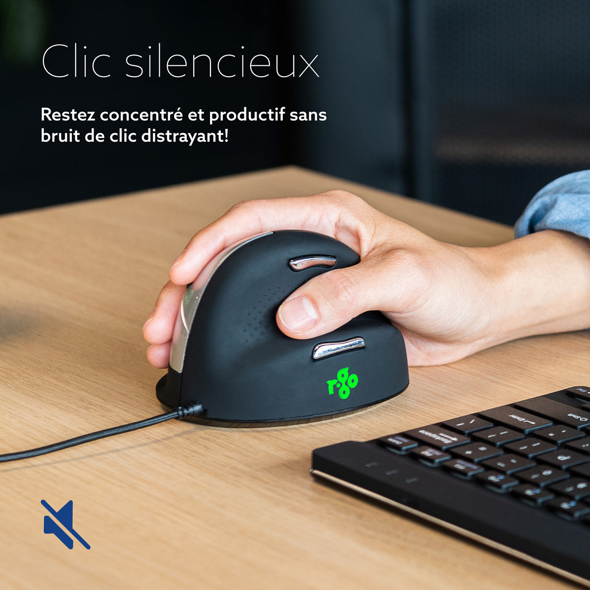 R-GO TOOL Souris HE Break, droiter, filaire, L noire