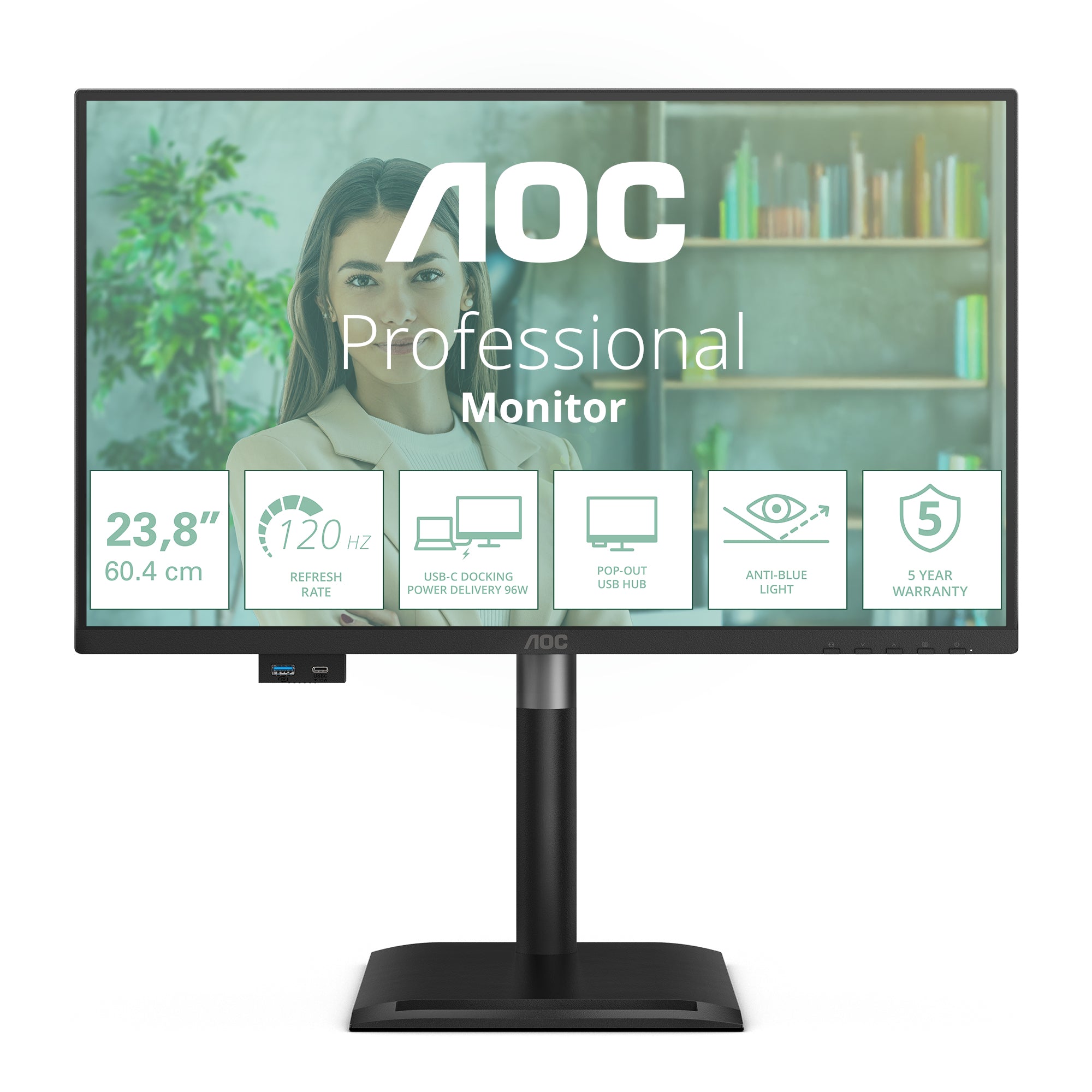 AOC 24P4CV 23.8p IPS FHD 120Hz 4ms HDMI DP USB C PD96W HUB USB Speakers HAS 150mm