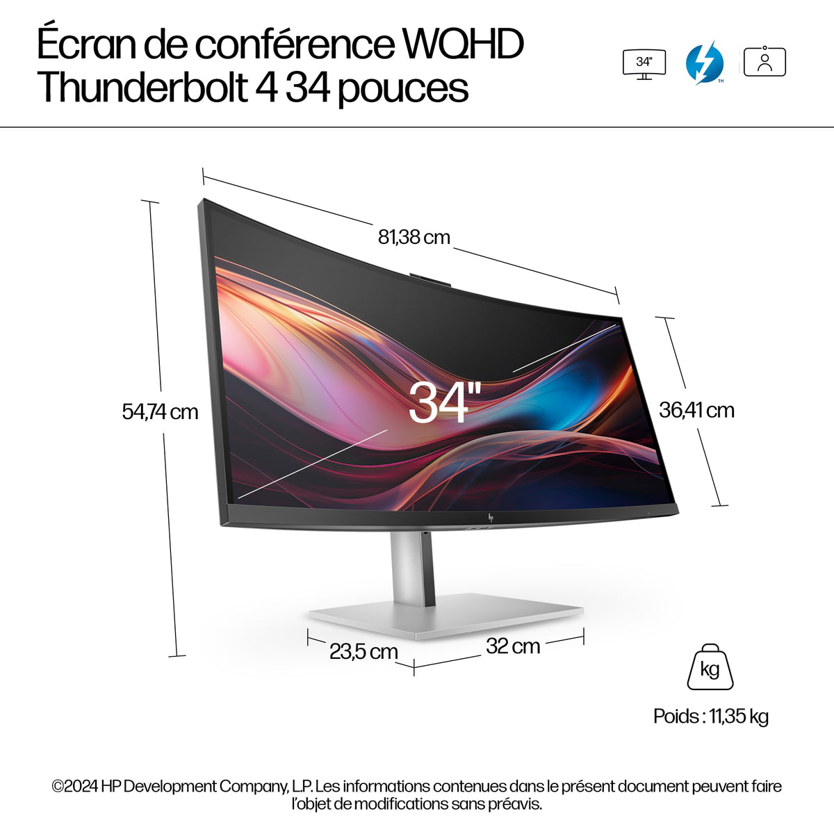 "HP Series 7 Pro 34 inch WQHD Conferencing Monitor - 734pm écran plat de PC 86,4 cm (34"") 3440 x 1440 pixels Wide Quad HD LCD Noir, Argent"