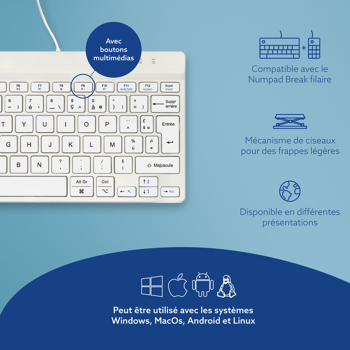 R-GO TOOLS Clavier ergo Compact Break, filaire blanc/argent