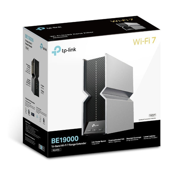 TP-LINK BE19000 Tri-Band Wi-Fi 7 Range Extender 1376 Mbps at 2.4GHz + 5760 Mbps at 5GHz + 11520 Mbps at 6GHz Desktop design