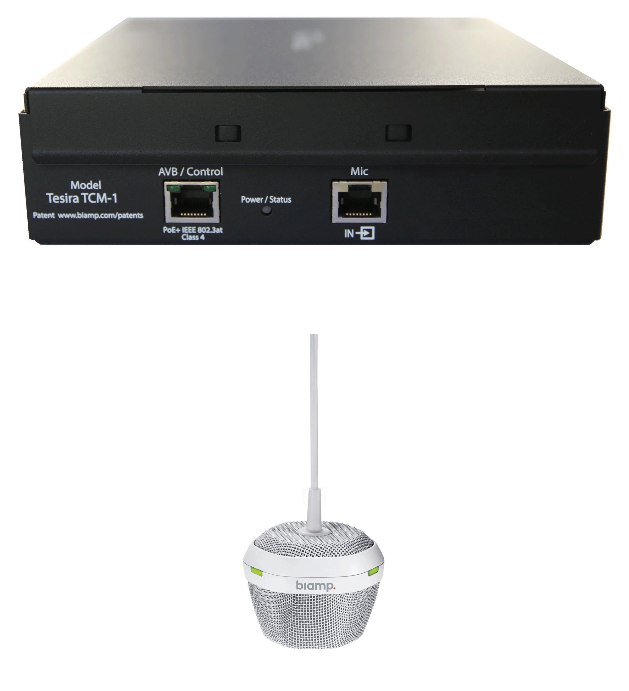 Biamp AVB ceiling microphone comprised of a pendant microphone White