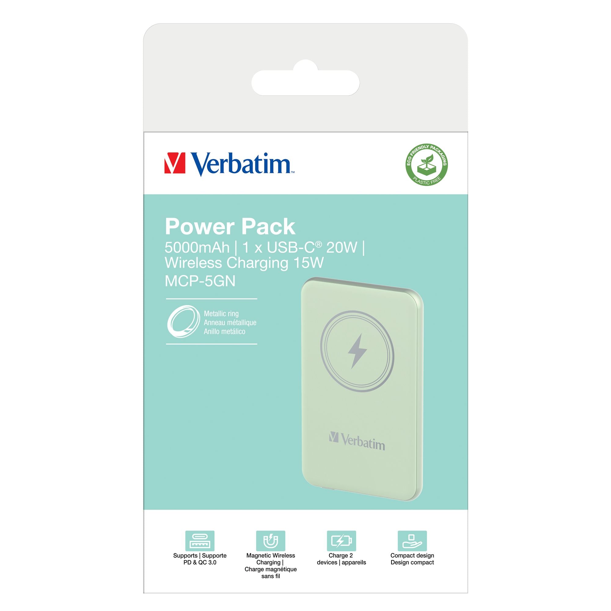 VERBATIM CHARGE N GO MAGNETIC WIRELESS POWER BANK 5000 GREEN WCF (P)
