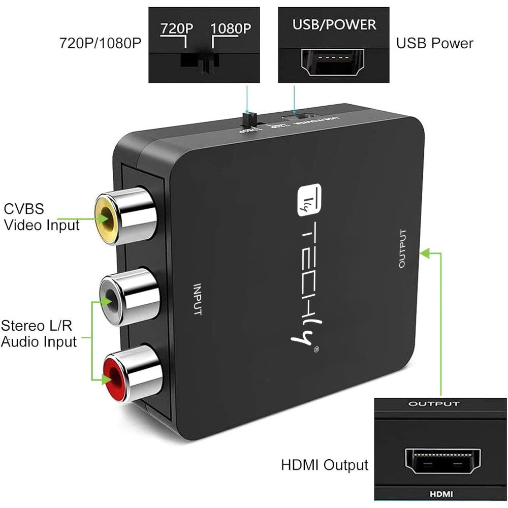 Techly IDATA SPDIF-6E3 Convertisseur AV Composite Vidéo et Audio 3x RCA vers HDMI 1080p