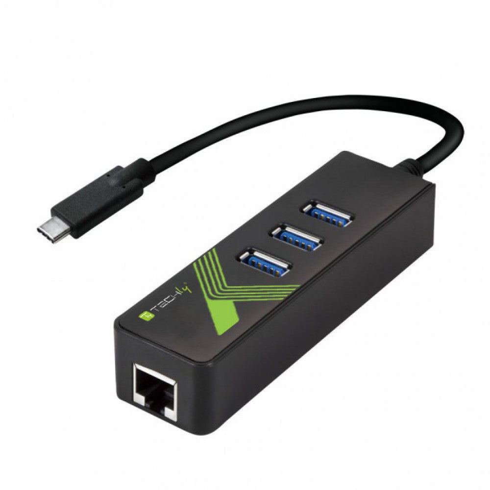 Techly IDATA USB-ETGIGA-3C2 Carte réseau/adaptateur USB-C vers RJ45 Gigabit, hub 3x USB 3.0