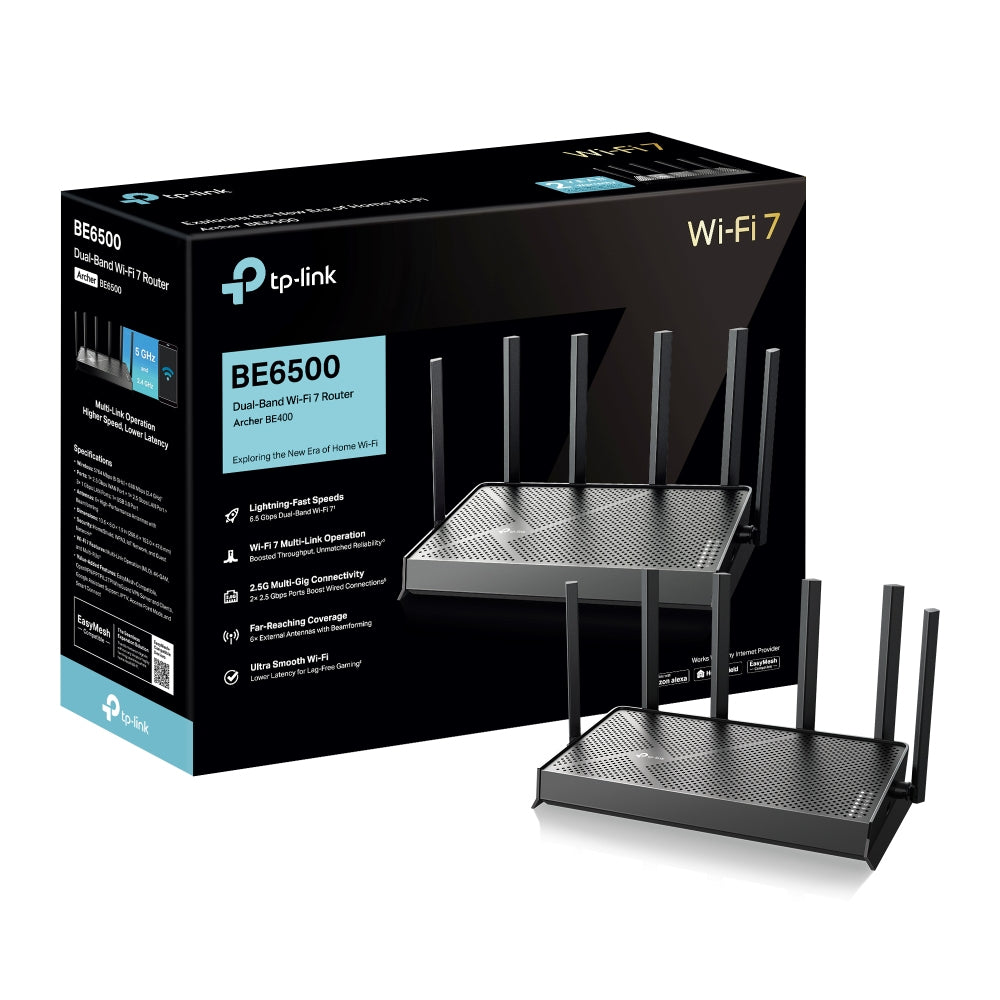 TP-LINK BE6500 Dual-Band Wi-Fi 7 Router 688Mbps at 2.4GHz + 5764Mbps at 5GHz 6xAntennas 2.0 GHz Quad-Core CPU 1x2.5Gbps WAN port