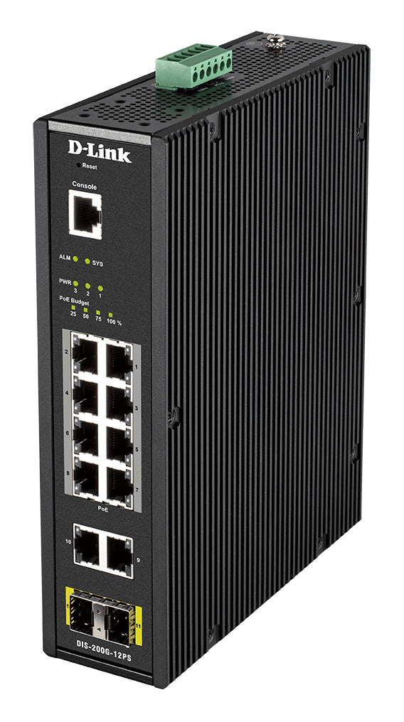 D-LINK 12 Port L2 Industrial Smart Managed Switch with 10 x 1GBaseTX ports 8 PoE 240W and 2 x SFP ports