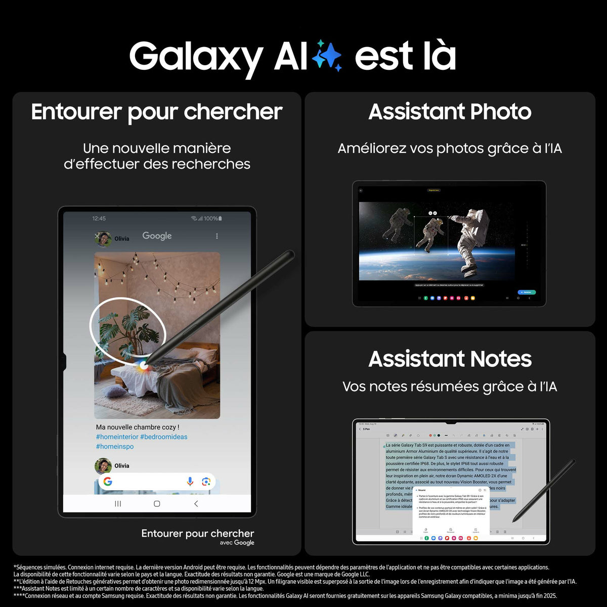 Tablette Galaxy Tab S9 11" 256Go Anthracite WIFI Android 14 RAM 12Go 2560X1600 4 speakers + Camera  13MP + 12MP S pen inclus DAS tronc : 0.41 W/Kg