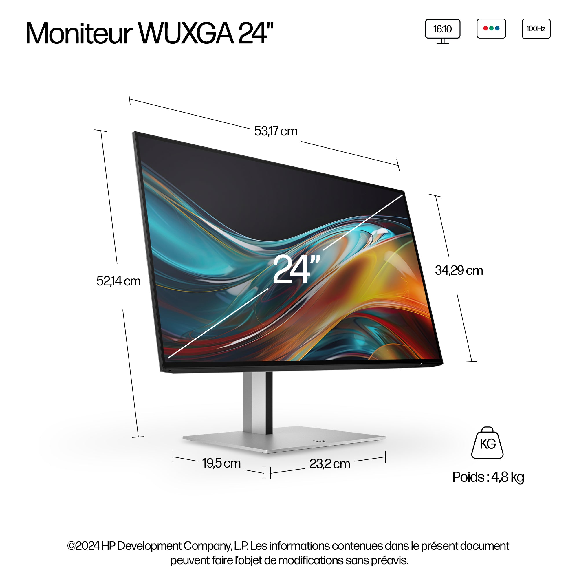"HP Series 7 Pro 24 inch WUXGA Monitor - 724pn PVC Free écran plat de PC 61 cm (24"") 1920 x 1200 pixels LCD Argent"