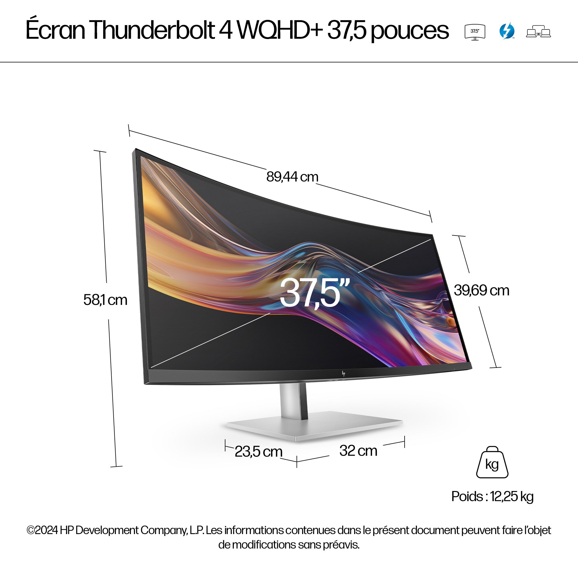"HP Series 7 Pro 37.5 inch WQHD+ Thunderbolt 4 Monitor - 738pu PVC Free écran plat de PC 95,2 cm (37.5"") 3840 x 1600 pixels Wide Quad HD+ LCD Argent"
