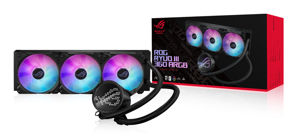 ASUS ROG RYUO III 360 ARGB all-in-one CPU liquid cooler with Asetek 8th gen pump solution and Anime Matrix LED Display