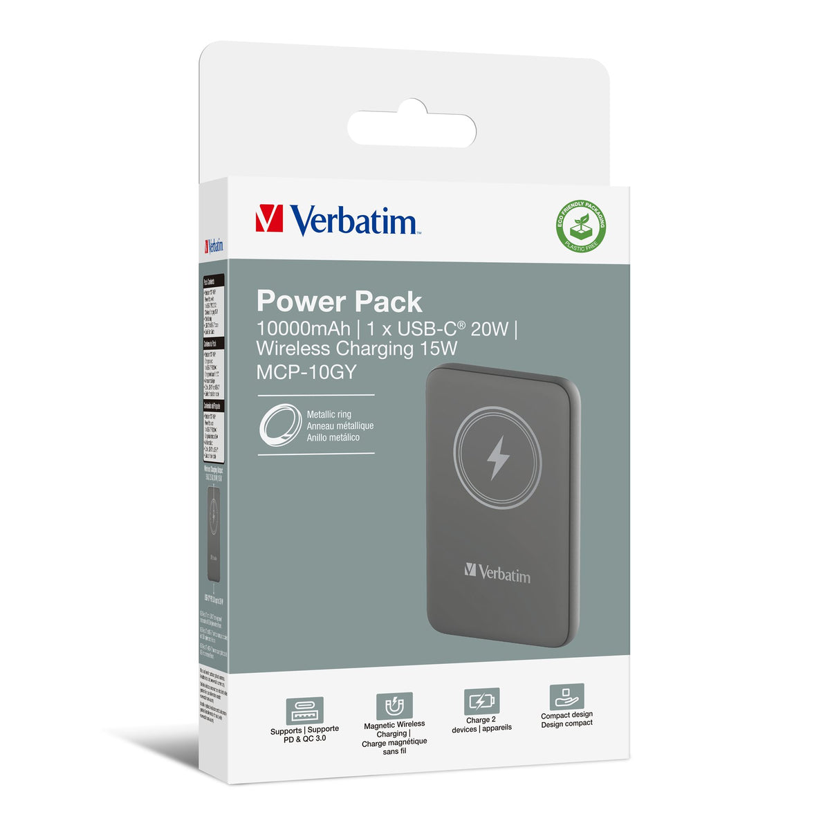 VERBATIM CHARGE N GO MAGNETIC WIRELESS POWER BANK 10000 GREY WCF (P)
