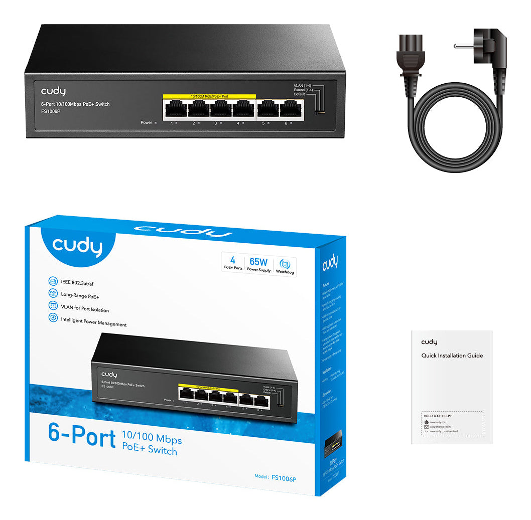 Cudy FS1006P commutateur réseau Non-géré Fast Ethernet (10/100) Connexion Ethernet, supportant l'alimentation via ce port (PoE) Noir