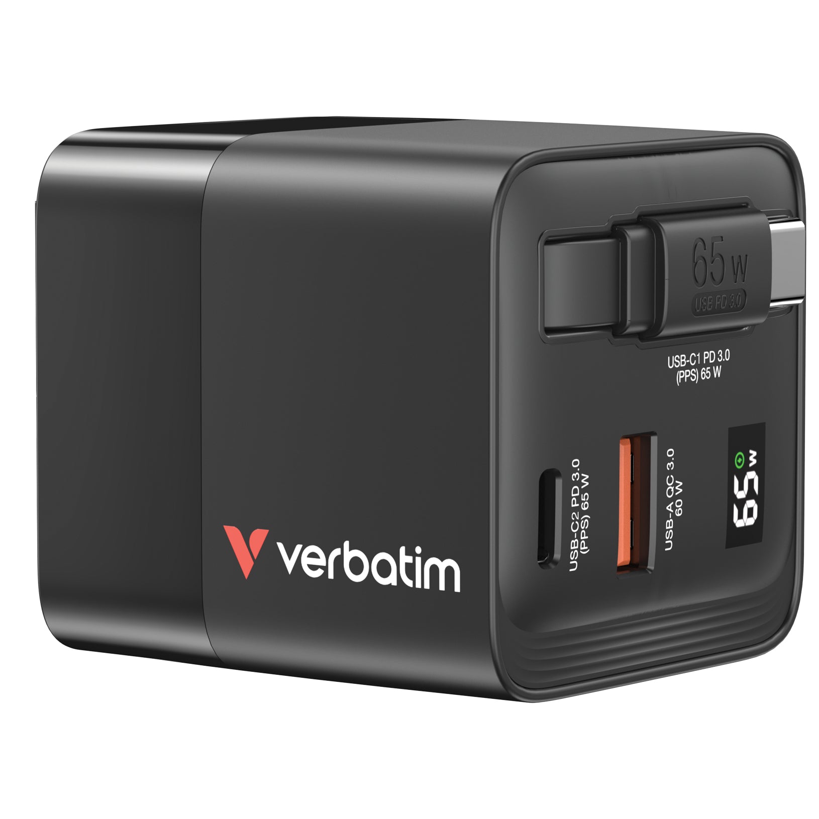 VERBATIM GAN CHARGER 65W 2 PORT RETR CABLE US/EU/UK ADP WCF (P)