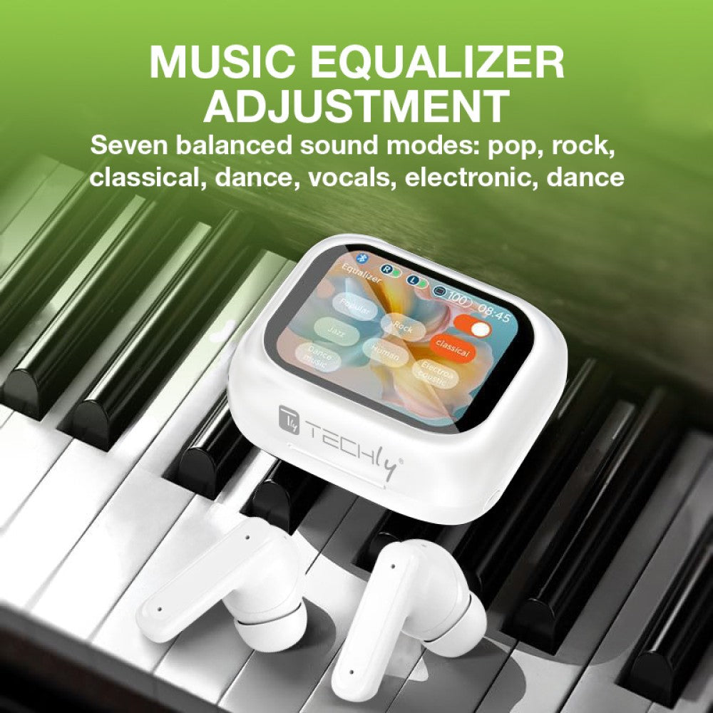 Techly ICC SB-BLT08W Écouteurs sans fil intra-auriculaires Bluetooth, étui avec écran LCD, réduction de bruit ANC, égaliseur