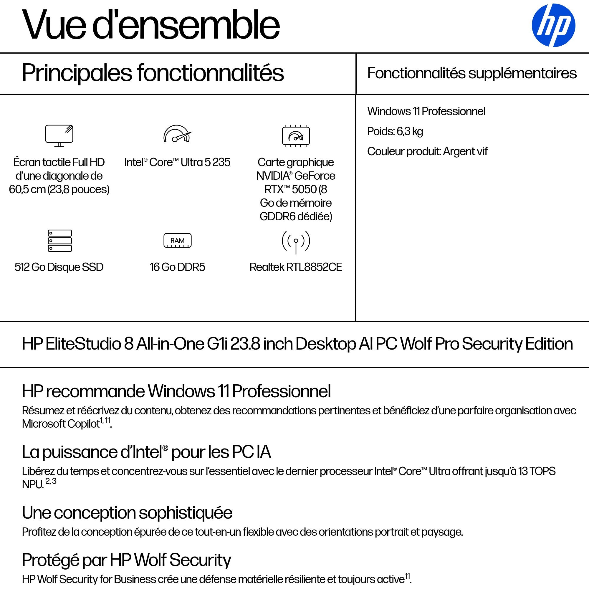HP EliteStudio 8 G1i Intel Core Ultra 5 235 24p 16Go 512Go SSD W11P 3/3/3
