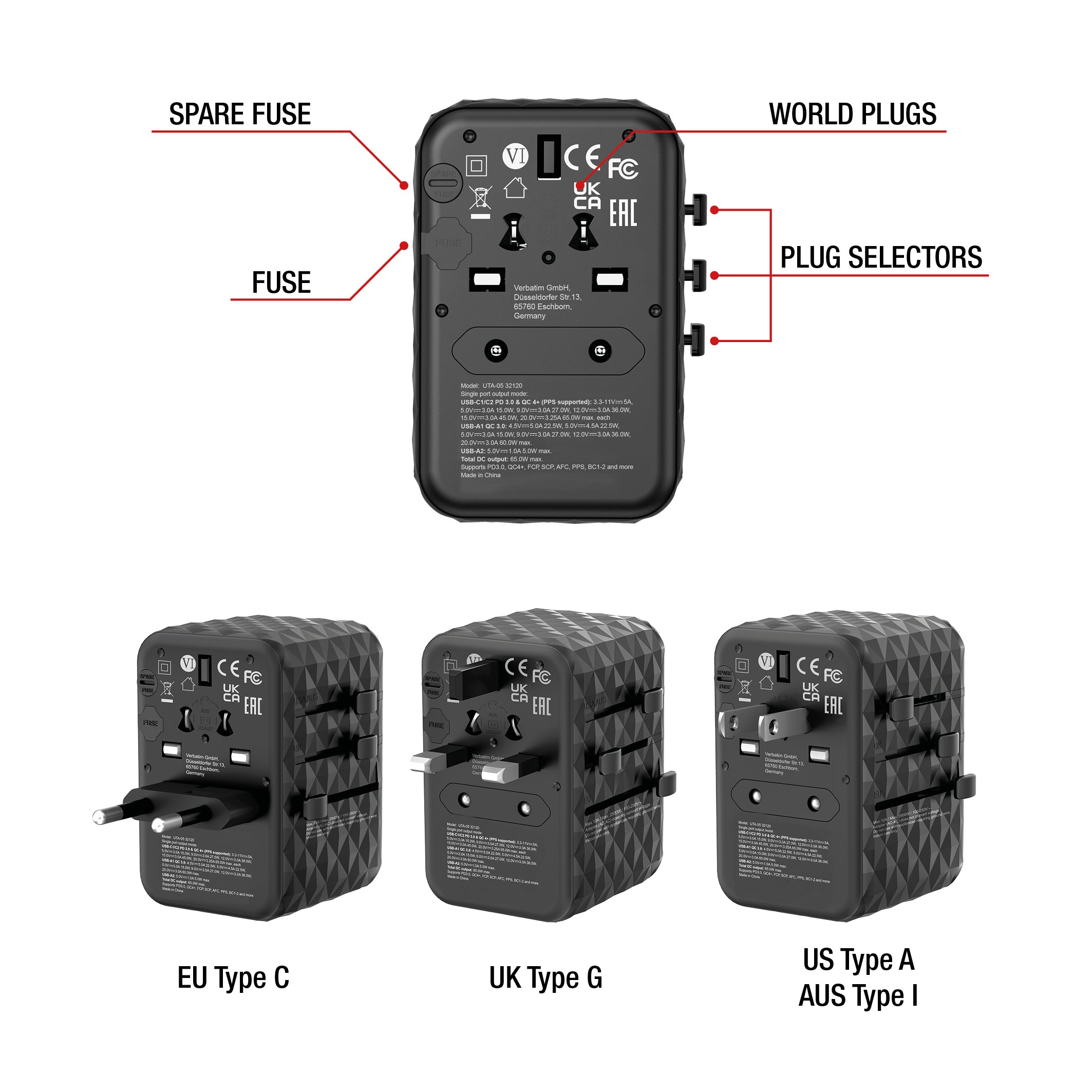 VERBATIM GAN III UNIVERSAL TRAVEL ADAPTER UTA-05 WITH 2 X USB-C PD 65W & QC 4+ / 2 X USB-A WCF (P)