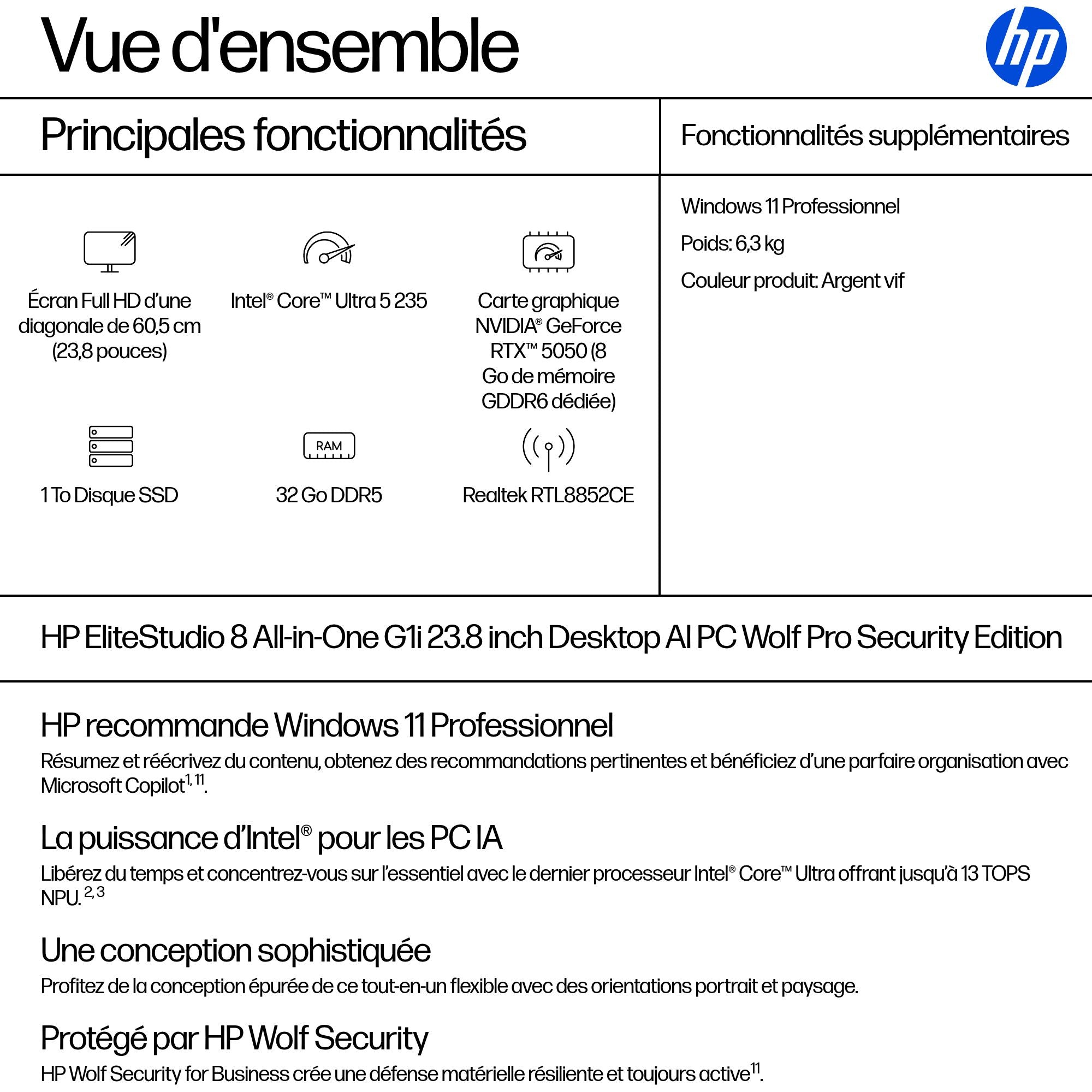 HP EliteStudio 8 G1i Intel Core Ultra 5 235 24p 32Go 1To SSD W11P 3/3/3