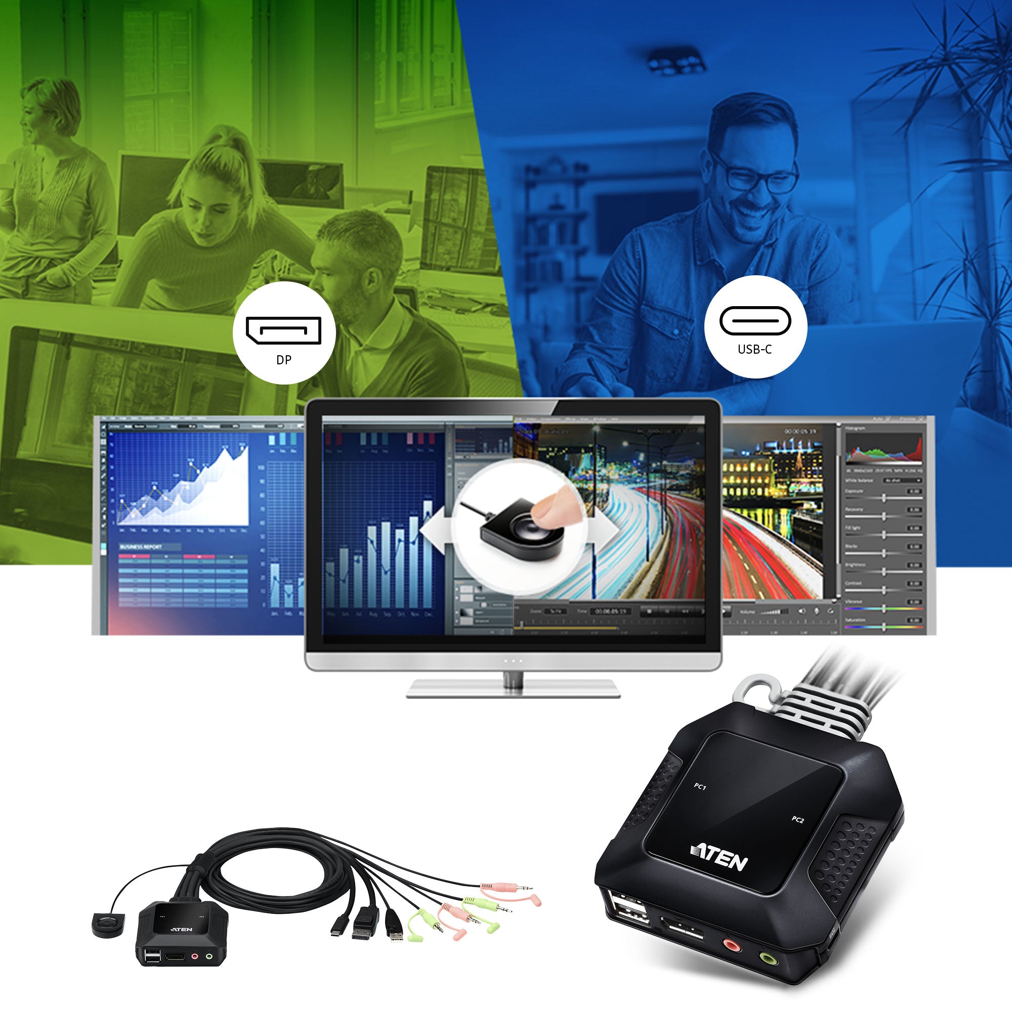 ATEN CS52DP Switch KVM 2 ports Hybride DisplayPort et USB-C