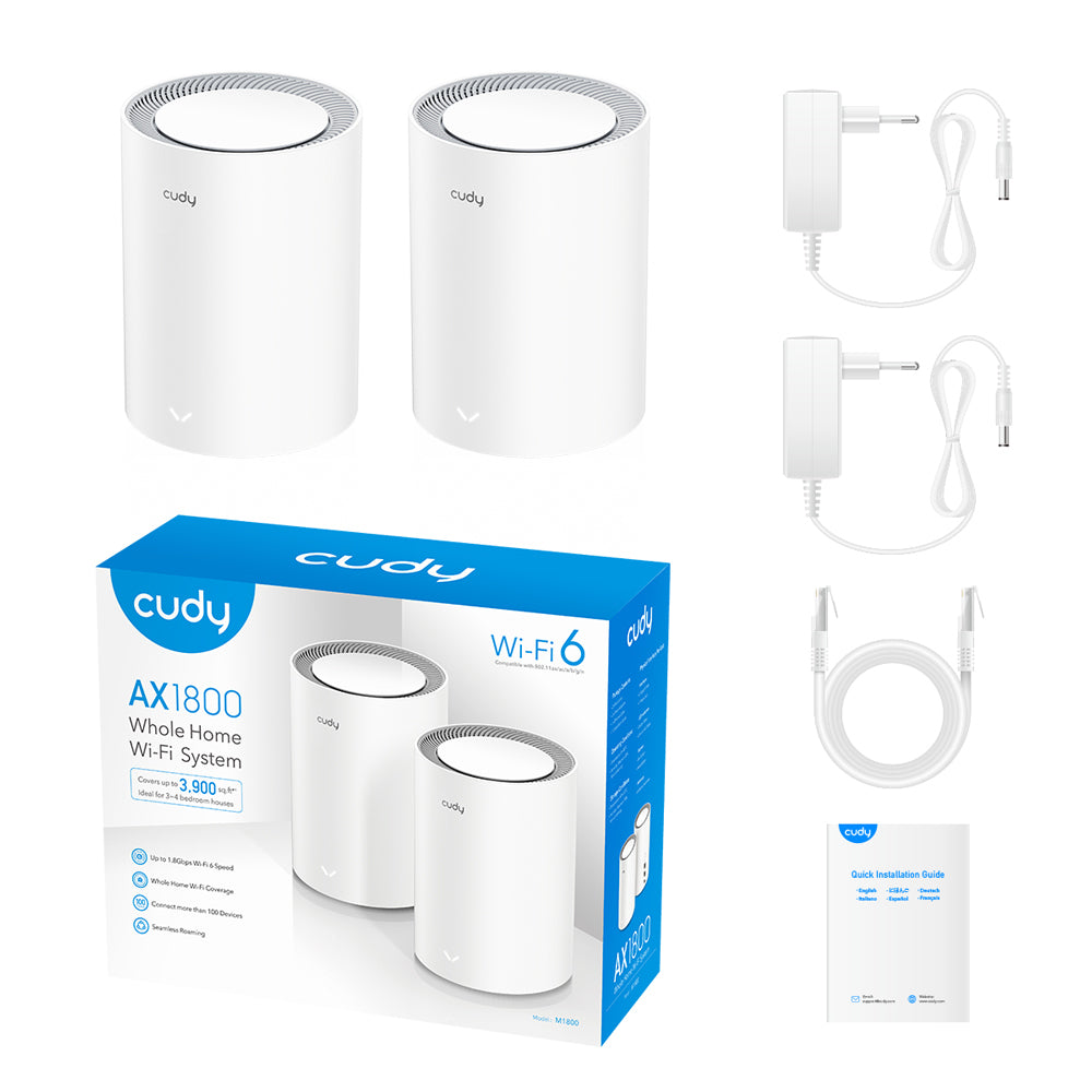 Cudy M1800 2-pack Bi-bande (2,4 GHz / 5 GHz) Wi-Fi 6 (802.11ax) Blanc 1 Interne