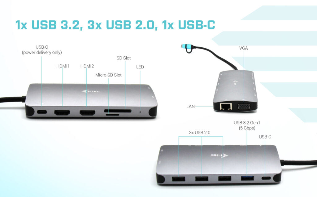 I-TEC USB-C Metal Nano Dock 2xHDMI 1xVGA 1xSD Cardreader 1xmicroSD Cardreader 1xGLAN 3xUSB 2.0 1xUSB 3.2 1xUSB-C3.2Data 1xUSB-C PD
