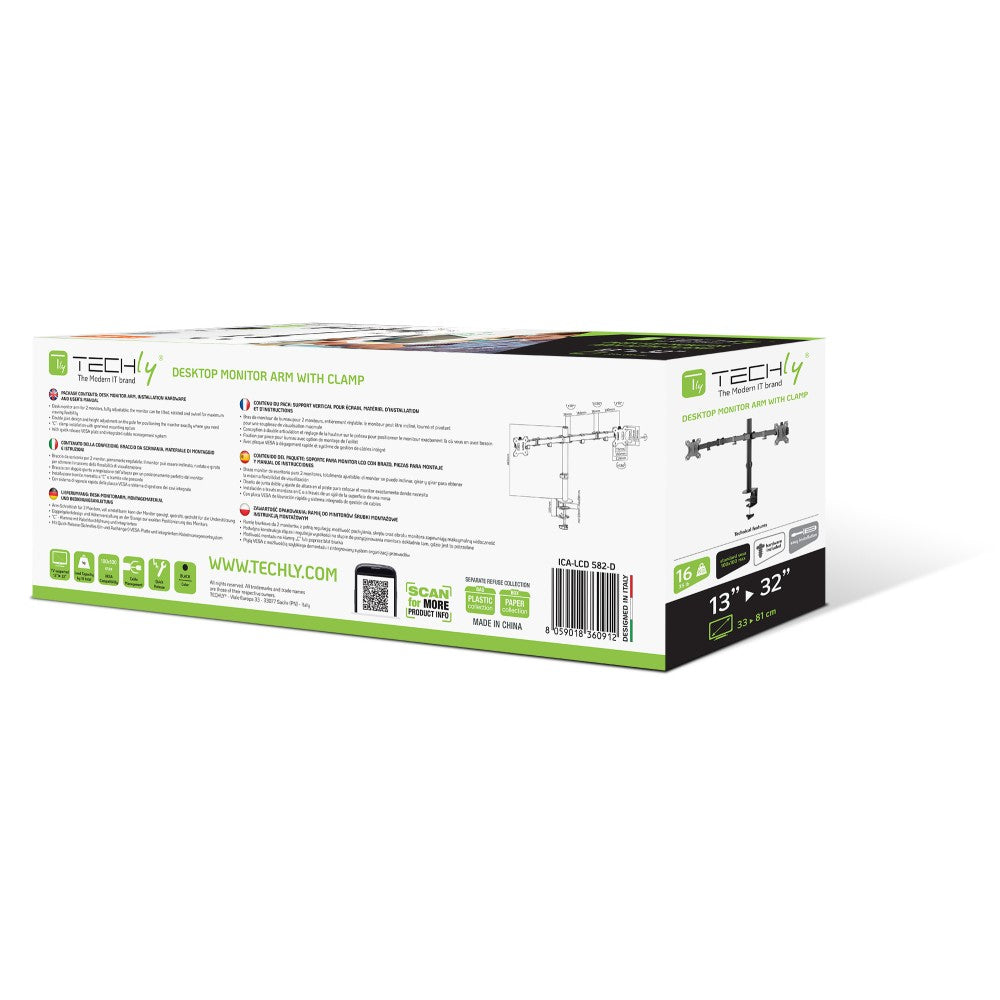 Techly ICA-LCD 582-D Support de Moniteur Double 13-32” LCD 8kg Bureau Rotatif