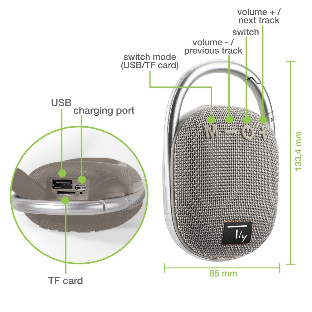 Techly ICASBL321GR Haut-parleur Bluetooth 5.3, 5W, TWS, LED, USB MicroSD MP3, gris