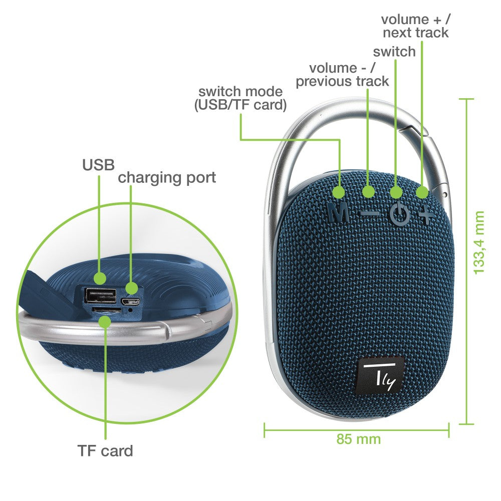 Techly ICASBL321BL Haut-parleur Bluetooth 5.3, 5W TWS, LED USB MicroSD MP3 Bleu