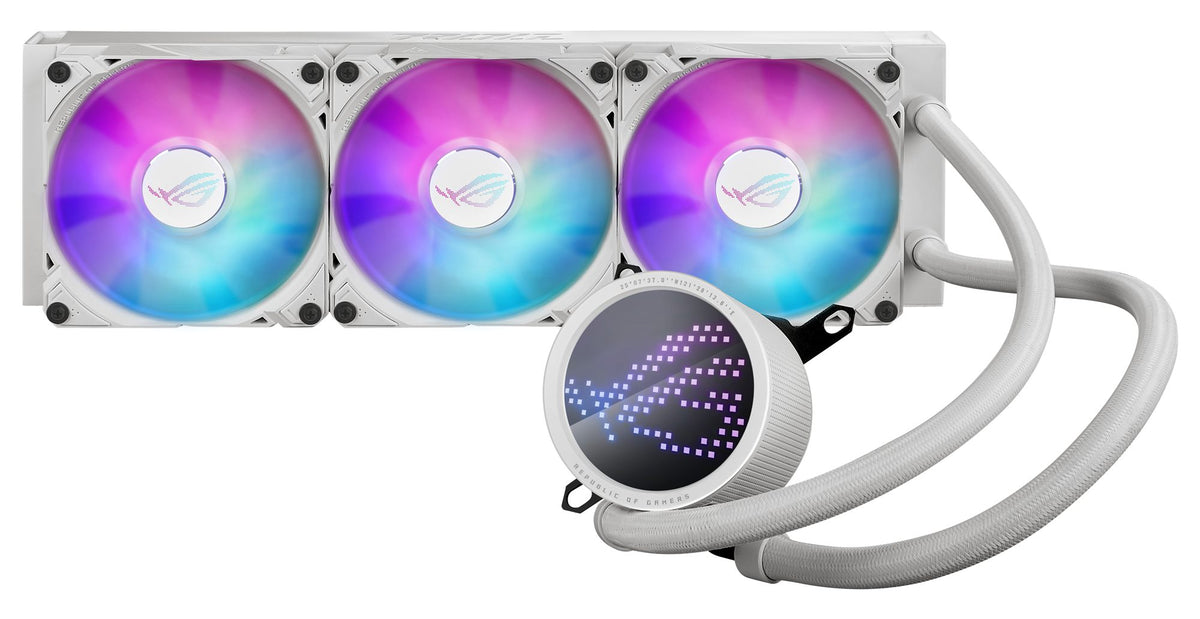 ASUS ROG RYUO III 360 ARGB white edition all-in-one CPU liquid cooler with Asetek 8th gen pump solution and Anime Matrix LED Display