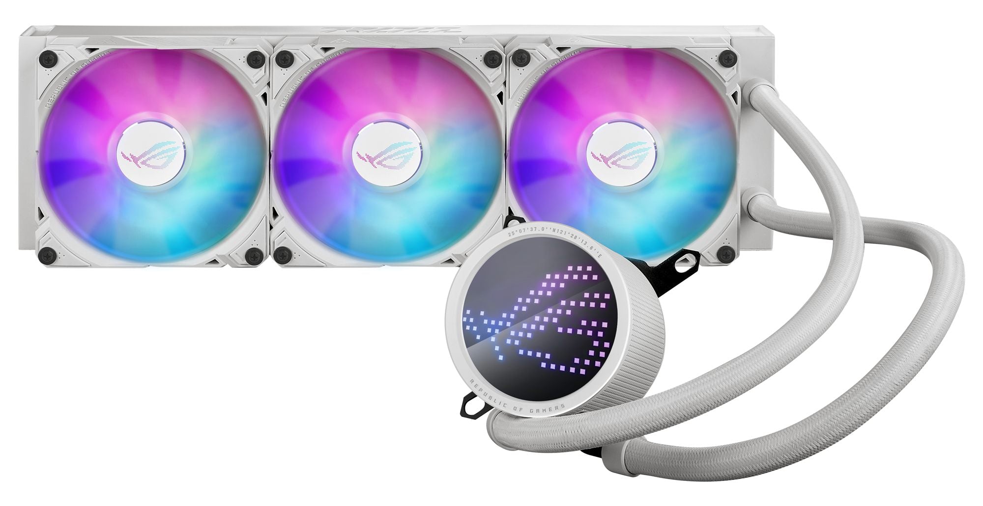 ASUS ROG RYUO III 360 ARGB white edition all-in-one CPU liquid cooler with Asetek 8th gen pump solution and Anime Matrix LED Display