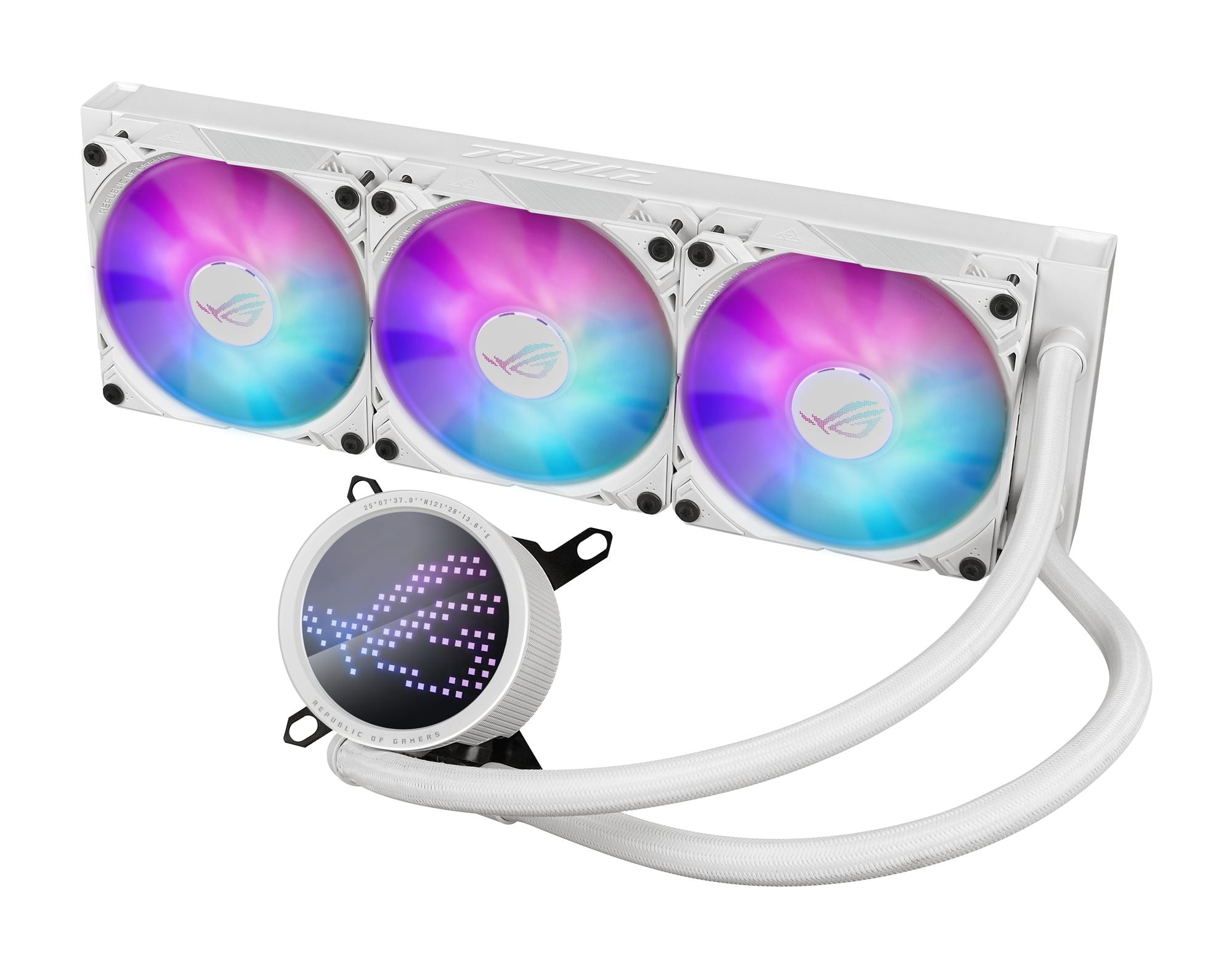 ASUS ROG RYUO III 360 ARGB white edition all-in-one CPU liquid cooler with Asetek 8th gen pump solution and Anime Matrix LED Display