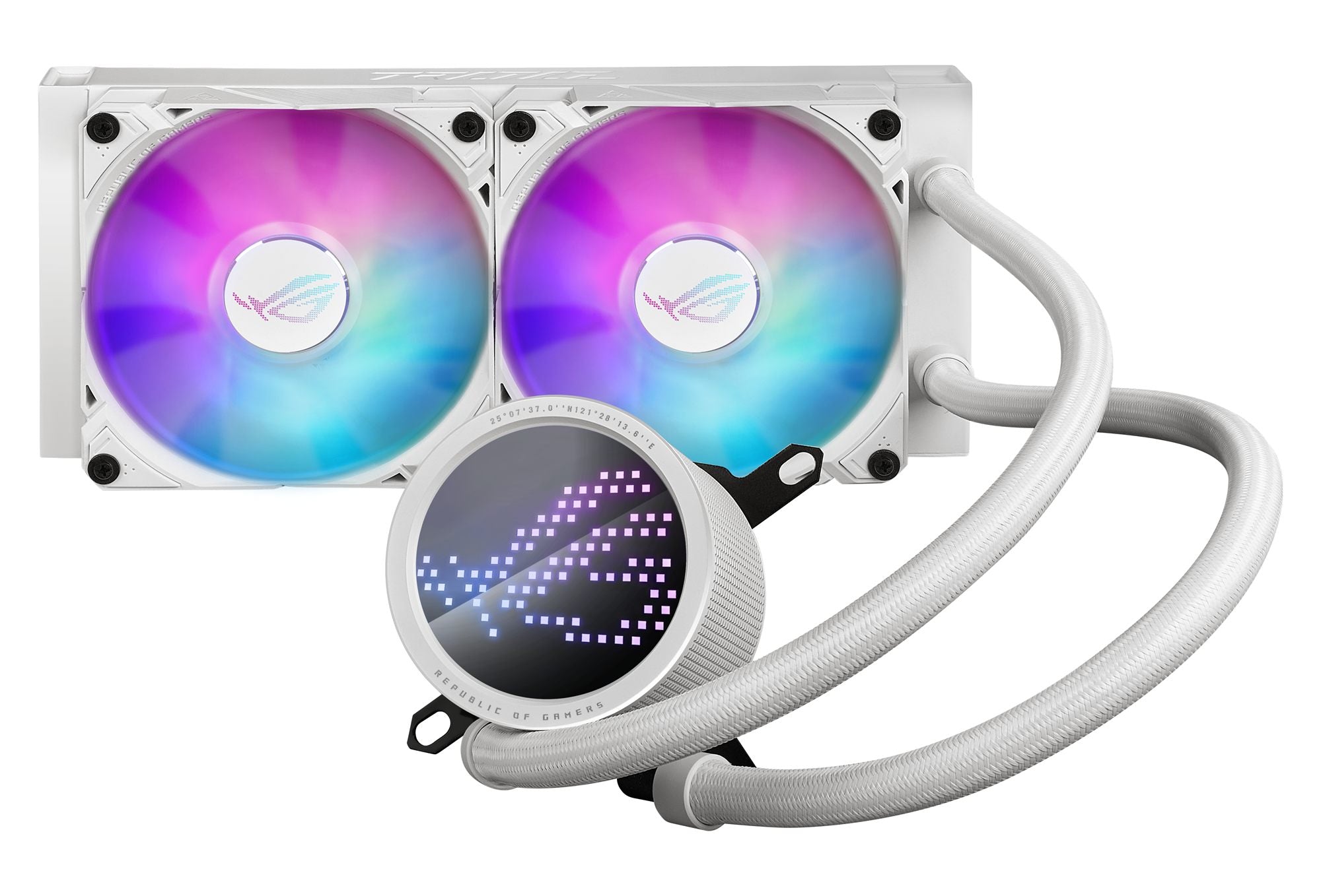 ASUS ROG RYUO III 240 ARGB white edition all-in-one CPU liquid cooler with Asetek 8th gen pump solution and Anime Matrix LED Display
