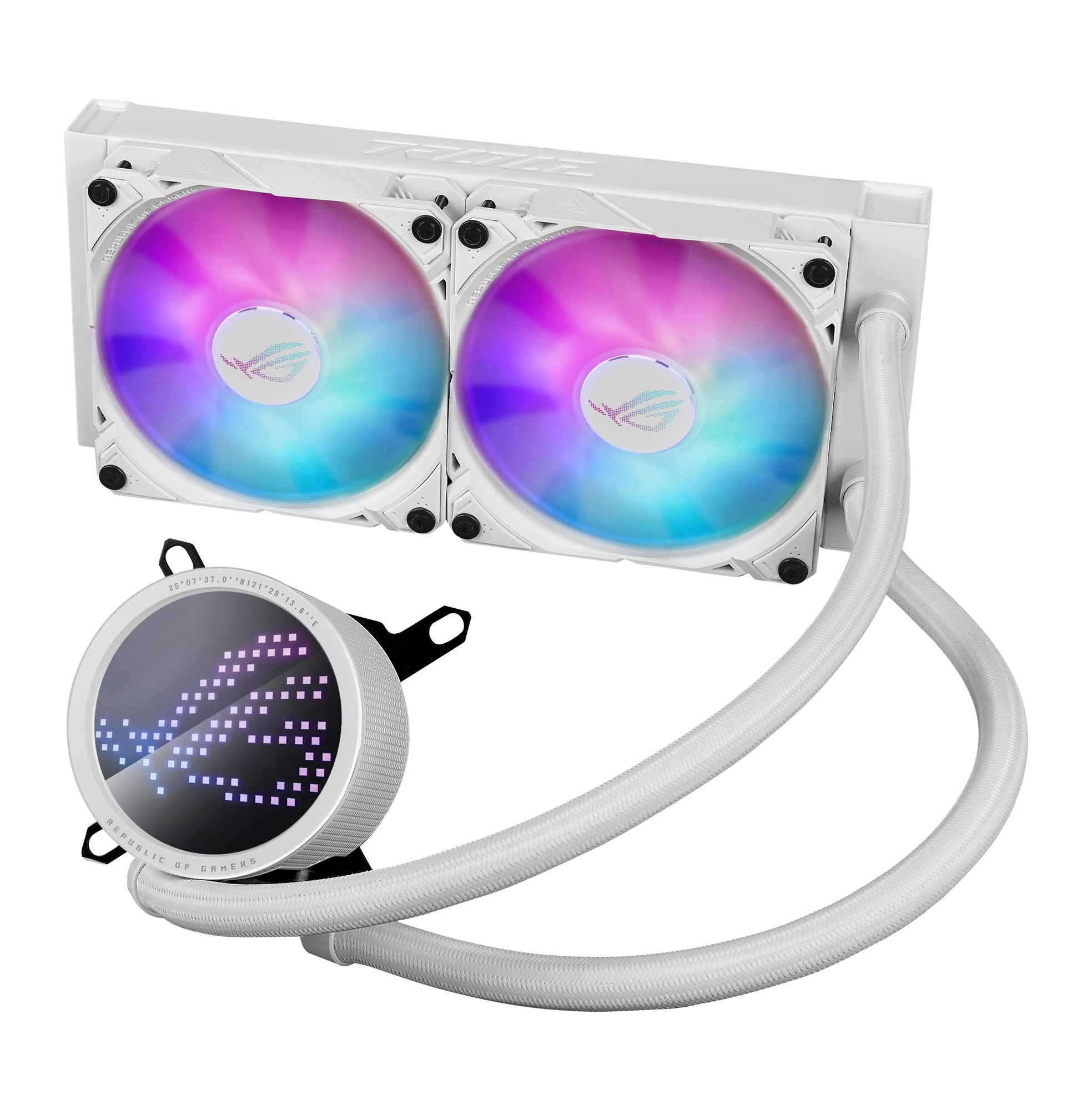 ASUS ROG RYUO III 240 ARGB white edition all-in-one CPU liquid cooler with Asetek 8th gen pump solution and Anime Matrix LED Display