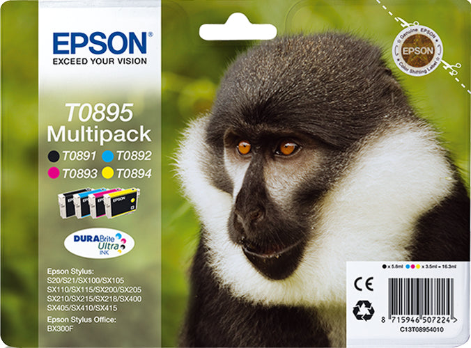 EPSON 2LB T0895 ink cartridge black and tri-colour standard capacity 16.3ml 1-pack blister without alarm