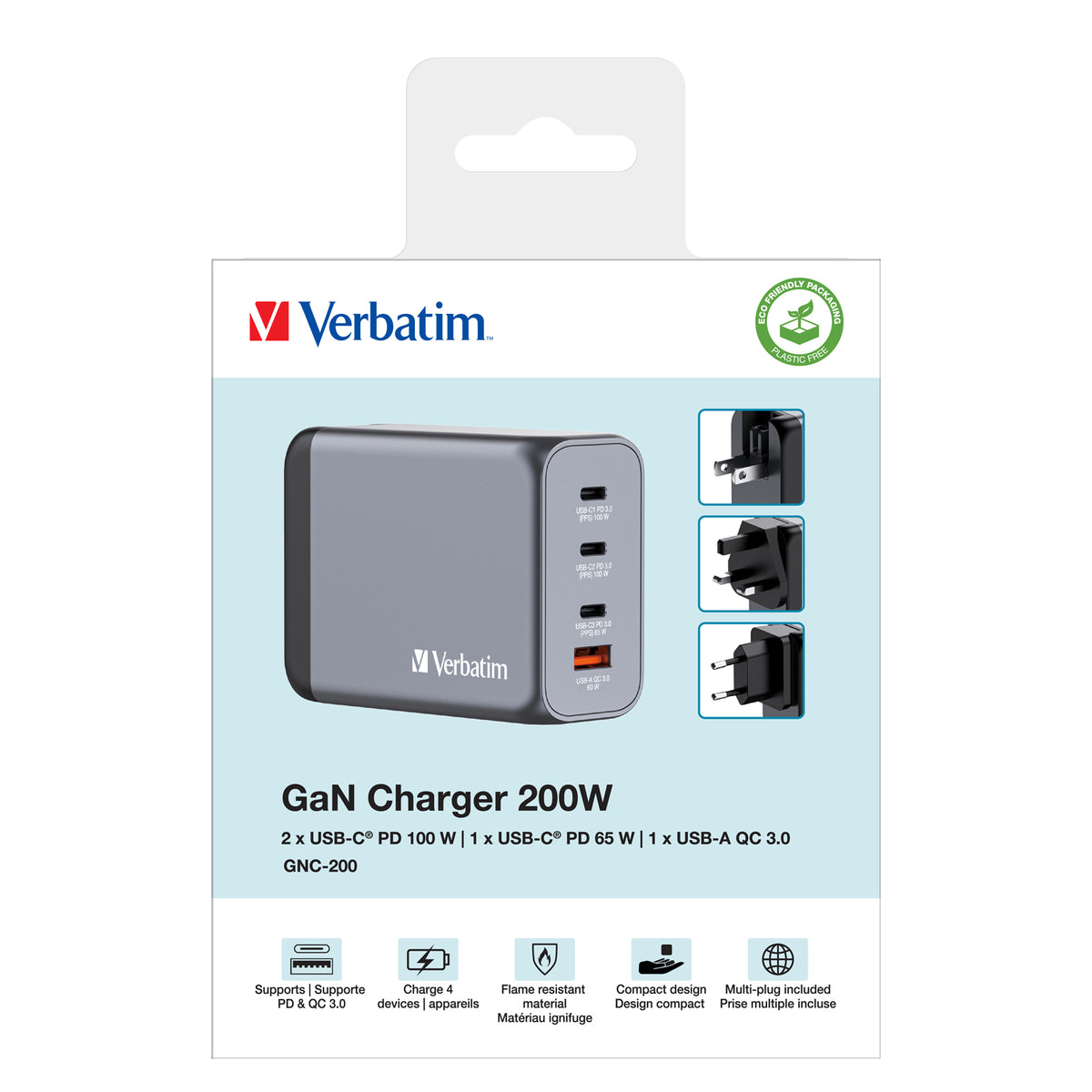 VERBATIM GNC-200 GAN CHARGER 4 PORT 200W USB A/C EU/UK/US WCF (P)