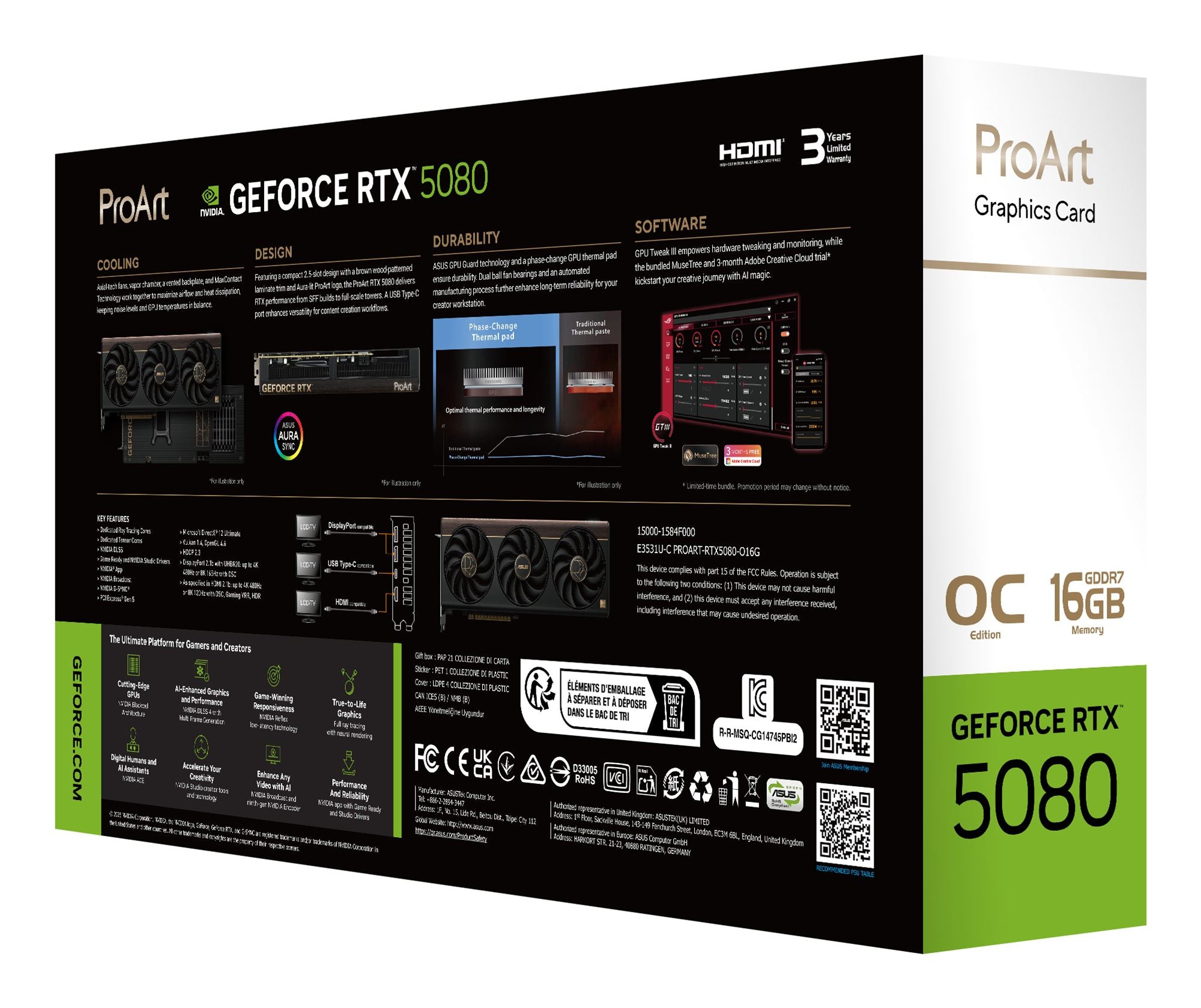 ASUS ProArt GeForce RTX 5080 16Go GDDR7 OC Edition Graphics card 3xHDMI 2.1 2xDisplayPort 2.1a
