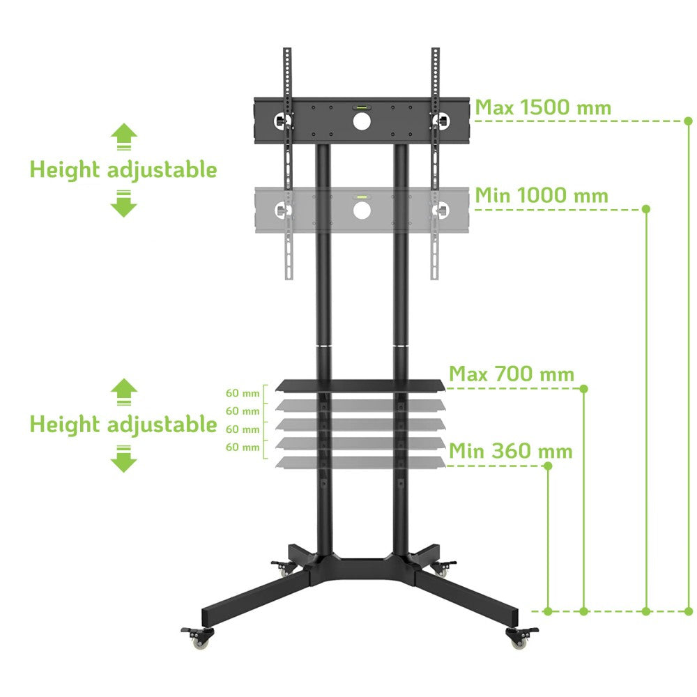 "Techly ICA-TR6 Support TV mobile 30-65"" jusqu'a 60kg étagere AV réglable"