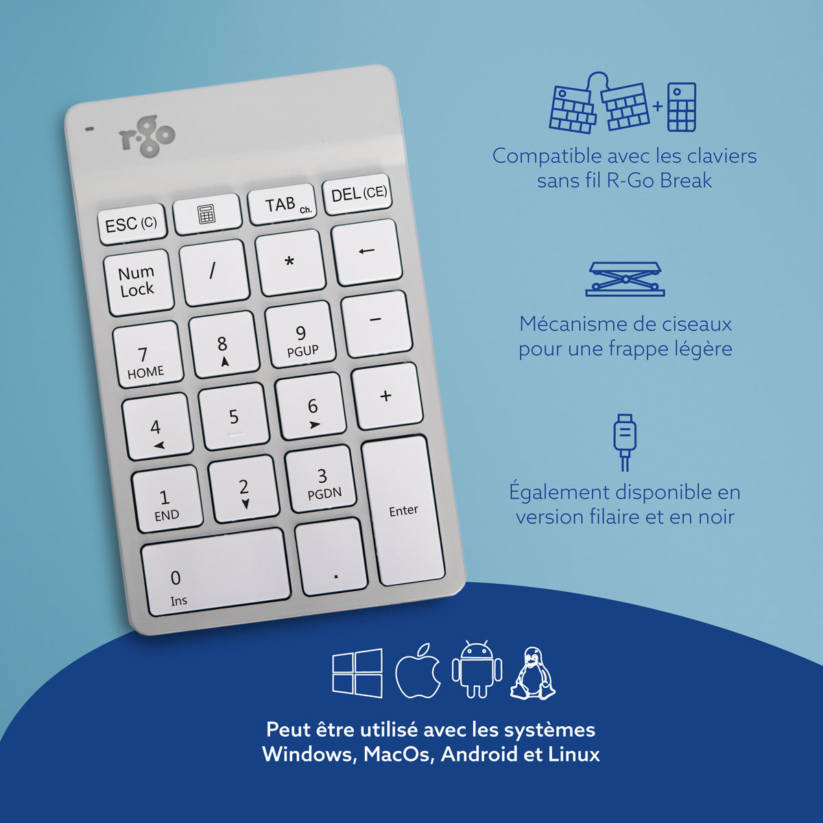 R-GO TOOLS Pavé num. Numpad Break, Bluetooth blanc/argent