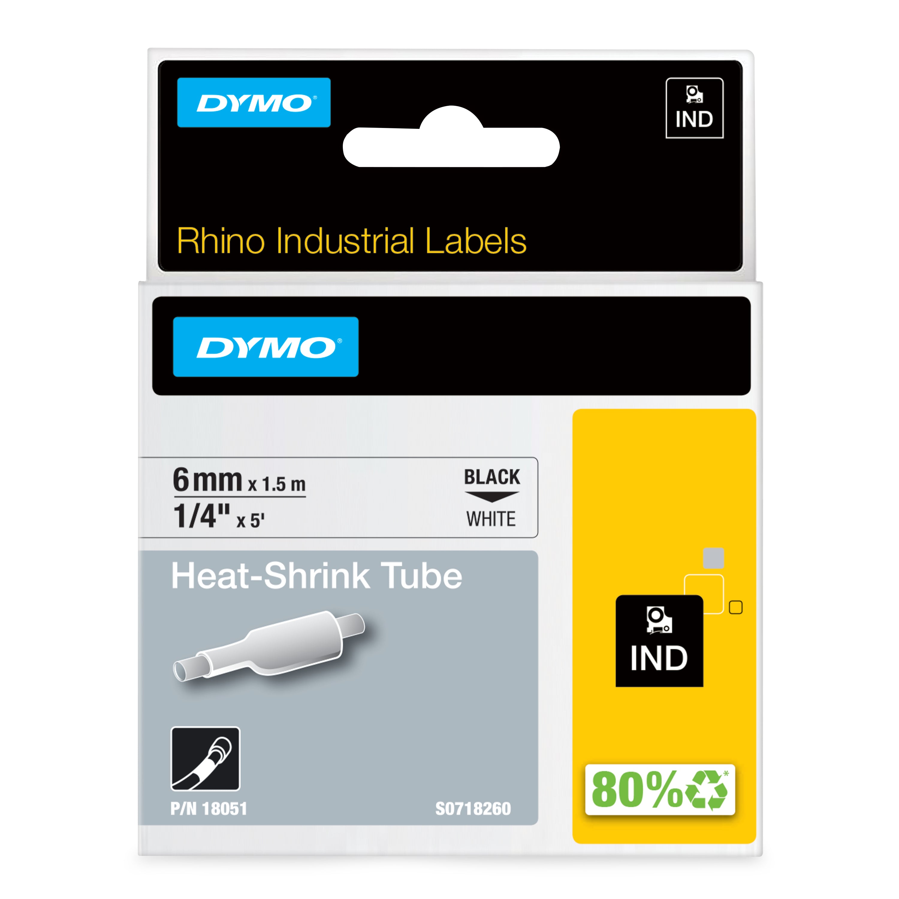 DYMO Rhino Etiquette industrielle gaine thermorétractable 6mm x 1,5m noir/blanc