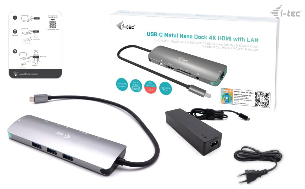 I-TEC USB C Metal Nano Dock 1xHDMI 4K 1xSD + 1xmicroSD Kartenleser 1xGLAN 1xAudio 3x USB 3.0 Port 1x USB-C PD + Charger 100W