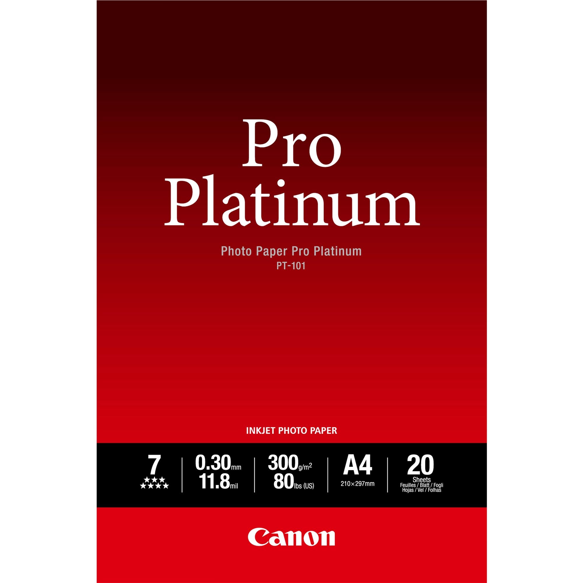 CANON PT-101 pro platinum photo  papier inkjet 300g/m2 A4 20 feuilles pack de 1