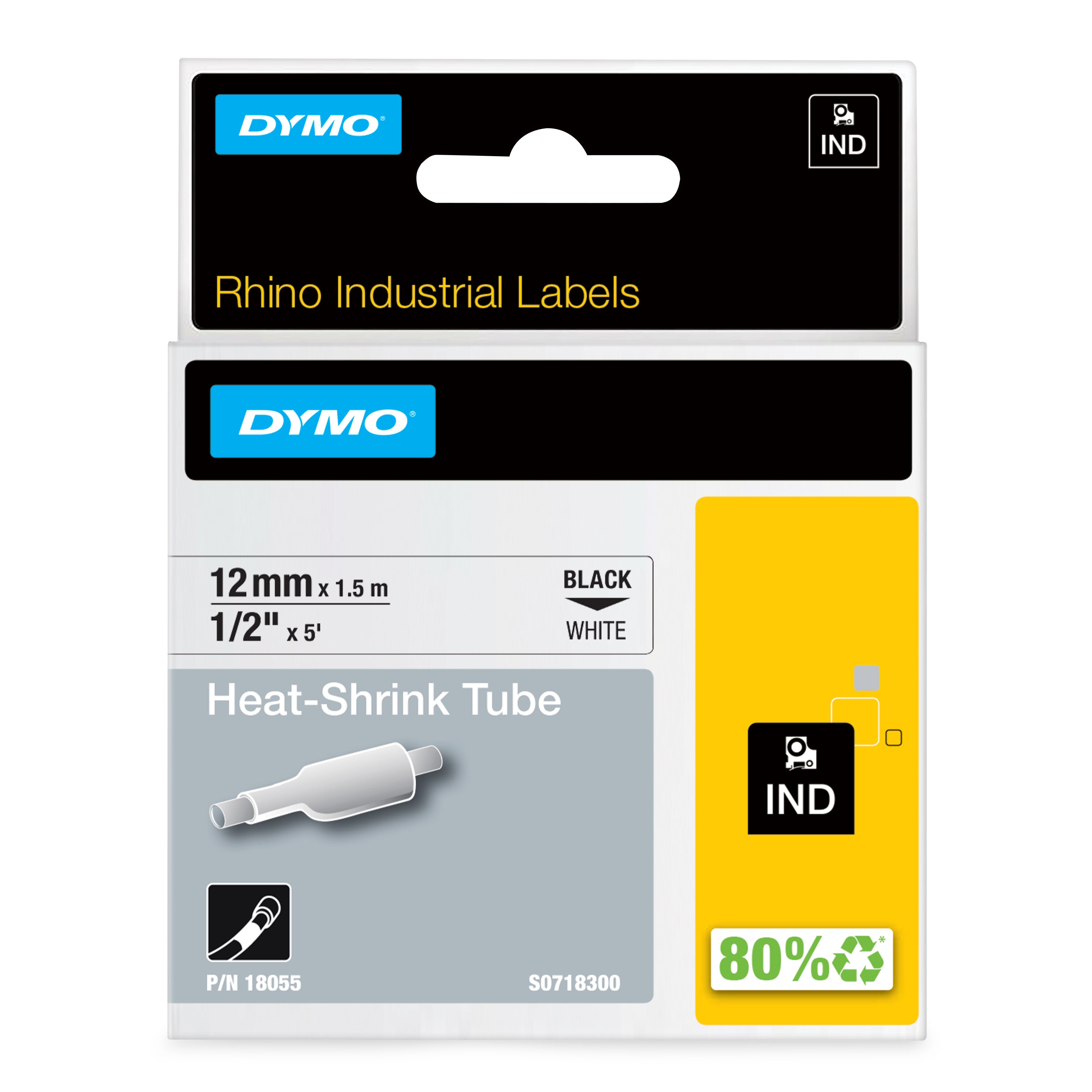 DYMO Rhino Etiquette industrielle gaine thermorétractable 12mm x 1,5m noir/blanc