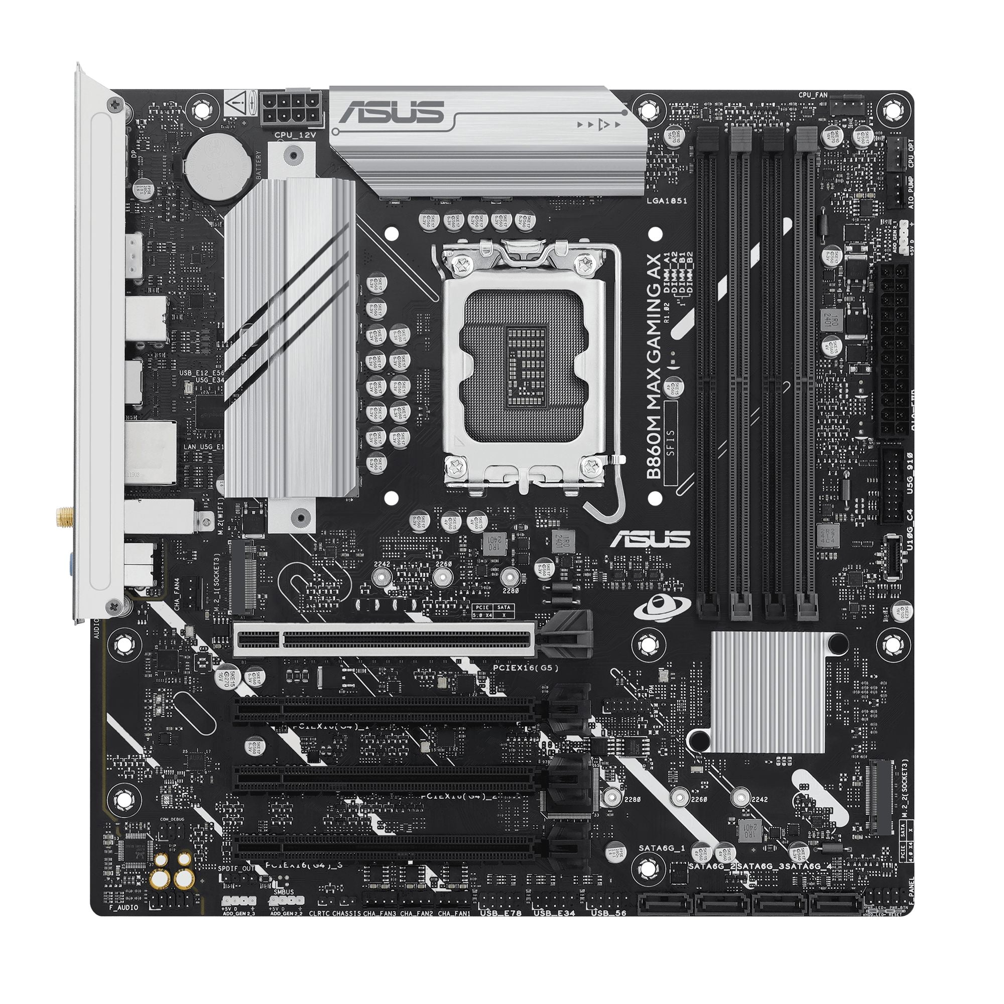 ASUS B860M MAX GAMING AX Intel LGA1851 mATX motherboard Advanced AI 4xDDR5 PCIe 5.0 x16 3xM.2 1xDisplayPort 4xSATA