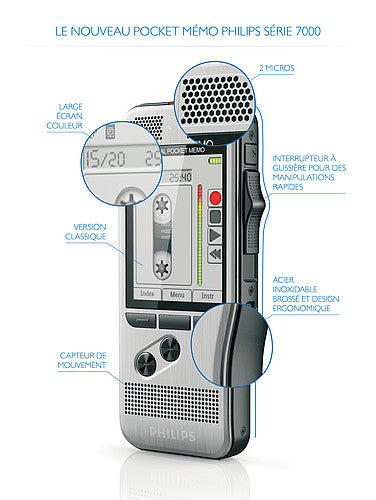 PHILIPS Pocket-Mémo 7200 avec un bouton glissière, 2 mic st, entrée carte SD