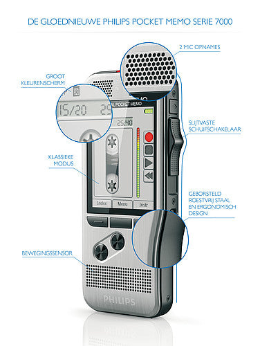 PHILIPS Pocket-Mémo 7200 avec un bouton glissière, 2 mic st, entrée carte SD